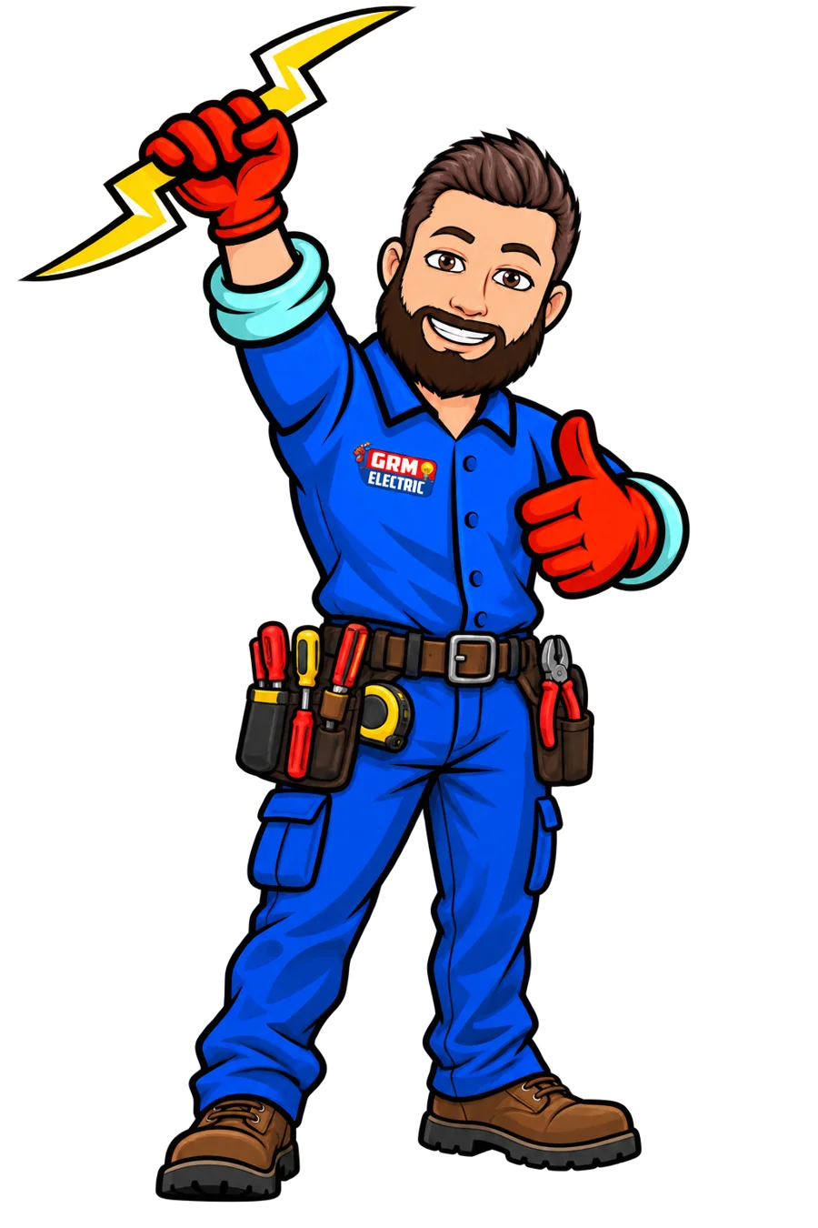 GRM Electric mascot holding a lightning bolt and giving a thumbs up